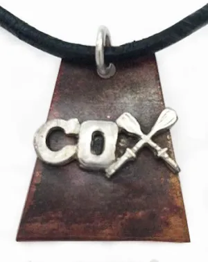 Copper Trapezoid with Sterling Silver "COX" Pendant on Adjustable Leather Strap