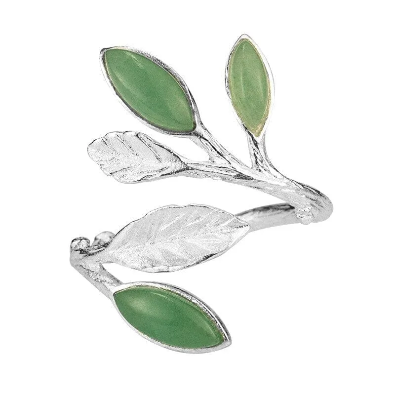 Retro Branch Leaves Green Aventurine Adjustable Ring