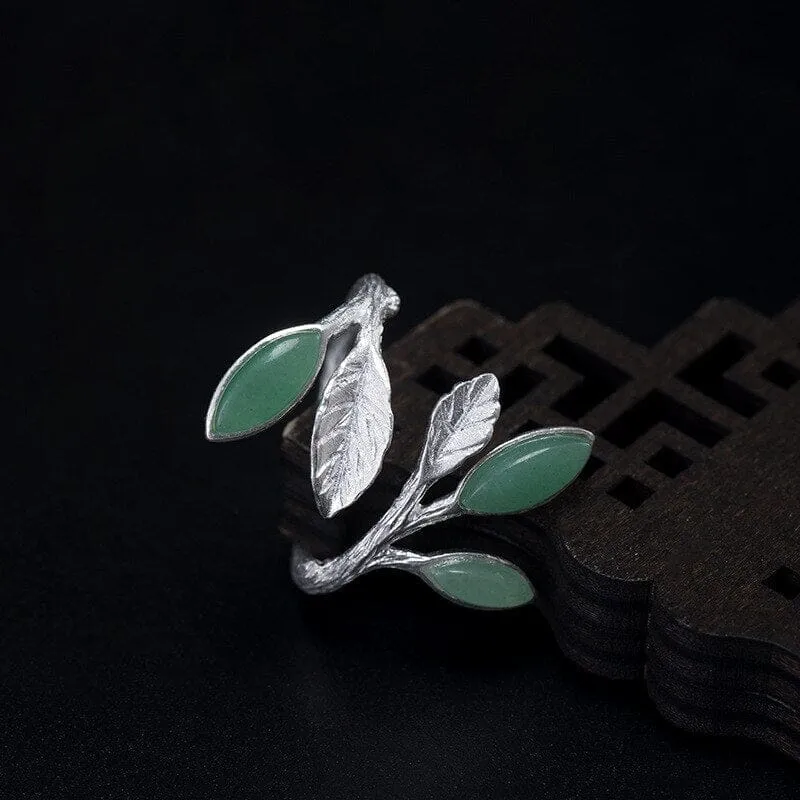 Retro Branch Leaves Green Aventurine Adjustable Ring