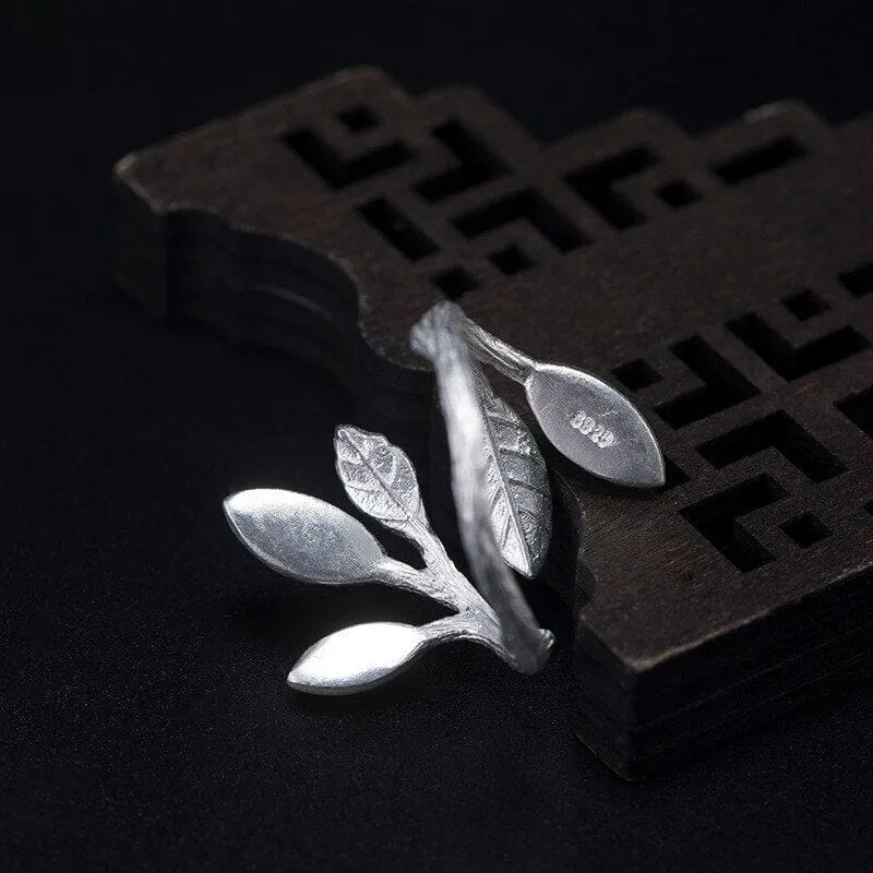 Retro Branch Leaves Green Aventurine Adjustable Ring