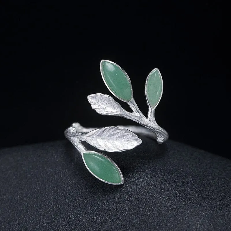 Retro Branch Leaves Green Aventurine Adjustable Ring