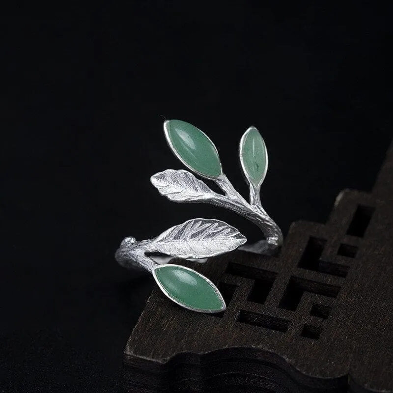 Retro Branch Leaves Green Aventurine Adjustable Ring